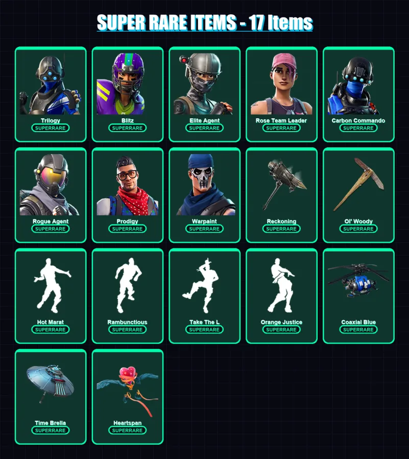 [PS4/PS5/XBOX/PC] | Trilogy | Blitz | Elite Agent | Rose Team Leader | Carbon Commando | 86 skin | 112 pickaxe | 106 emote | 99 glider | Lv1196 — Fortnite account