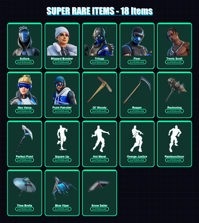 [PS4/PS5/XBOX/PC] | Sultura | Blizzard Bomber | Trilogy | Fixer | Travis Scott | 326 skin | 325 pickaxe | 258 emote | 242 glider | Lv3743