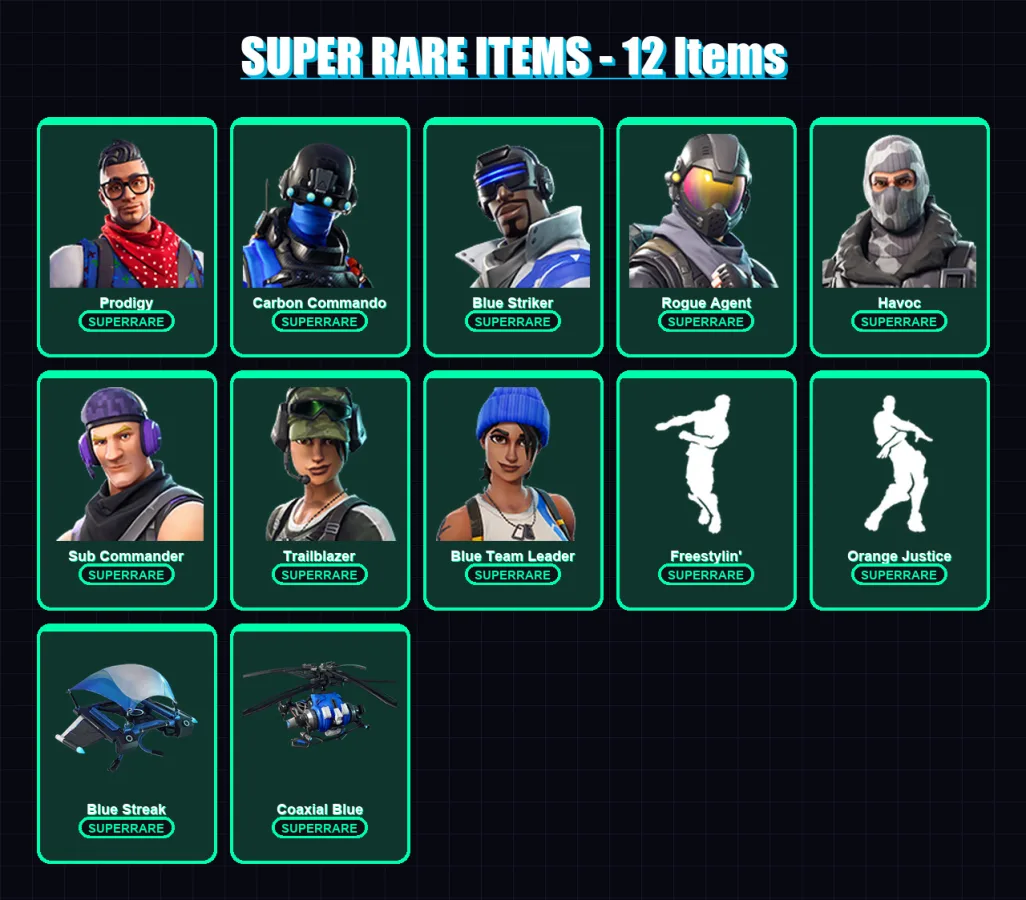 [PC/XBOX/PSN] | Prodigy | Carbon Commando | Blue Striker | Rogue Agent | Havoc | 14 skin | 8 pickaxe | 14 emote | 11 glider | Lv201