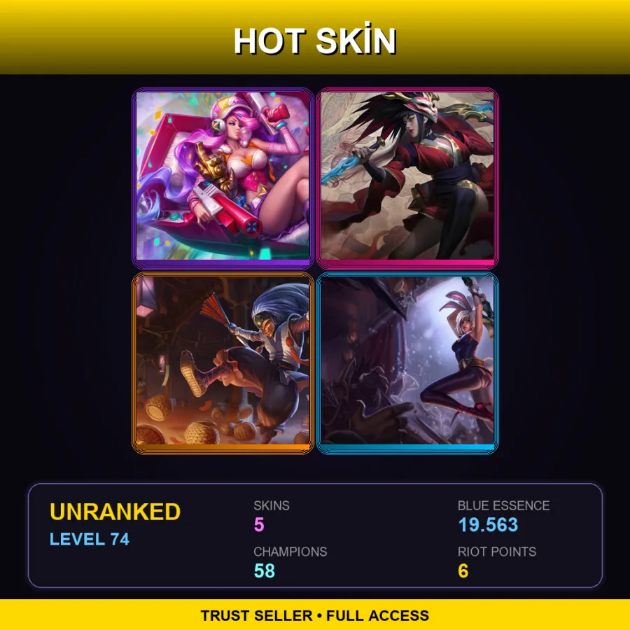 EUW | Arcade Miss Fortune | Blood Moon Akali | Masked Shaco | Battle Bunny Riven | 5 Skin | 58 Champ | Lv74
