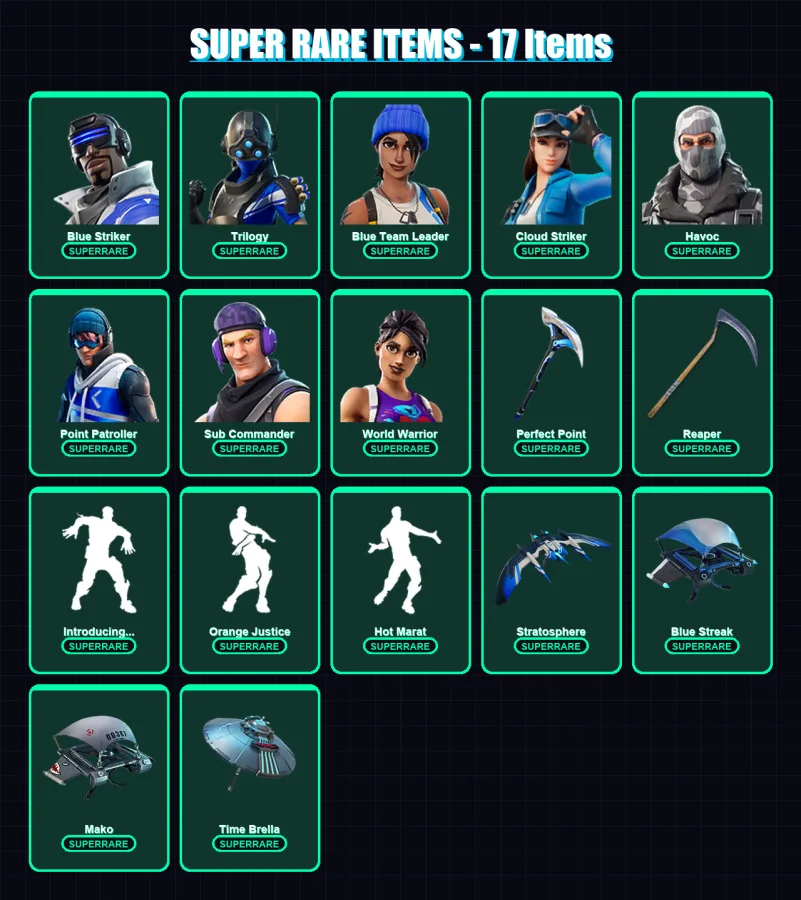 [PC/XBOX] | Blue Striker | Trilogy | Blue Team Leader | Cloud Striker | Havoc | 60 skin | 60 pickaxe | 76 emote | 73 glider | Lv1273