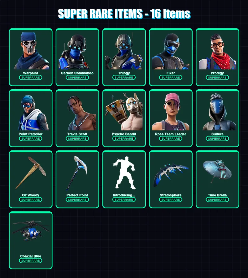 [PC/XBOX] | Warpaint | Carbon Commando | Trilogy | Fixer | Prodigy | 107 skin | 100 pickaxe | 102 emote | 96 glider | Lv1278
