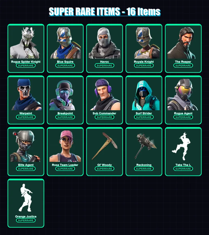 [PC/XBOX/PSN] | Rogue Spider Knight | Blue Squire | Havoc | Royale Knight | The Reaper | 267 skin | 240 pickaxe | 175 emote | 166 glider | Lv1682