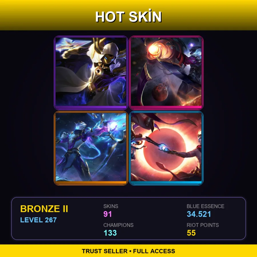 EUW | Cosmic Reaver Kassadin | Dark Star Varus | Cosmic Hunter Varus | Cosmic Dawn Rakan | 91 Skin | 133 Champ | Bronze II | Lv267