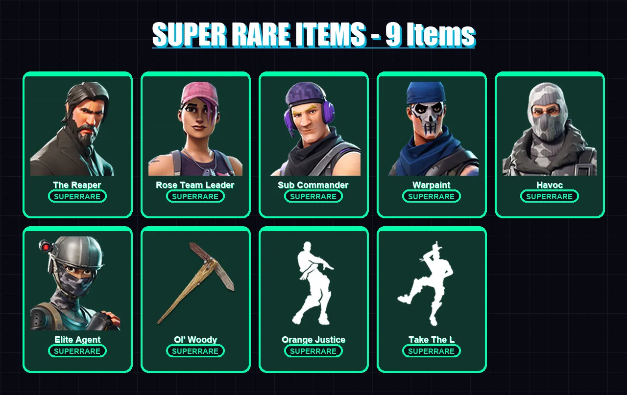 [PS4/PS5/XBOX/PC] | The Reaper | Rose Team Leader | Sub Commander | Warpaint | Havoc | 29 skin | 29 pickaxe | 30 emote | 34 glider | Lv420