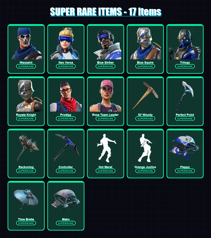 [PC/XBOX] | Warpaint | Neo Versa | Blue Striker | Blue Squire | Trilogy | 101 skin | 117 pickaxe | 118 emote | 119 glider | Lv1896 — Fortnite account