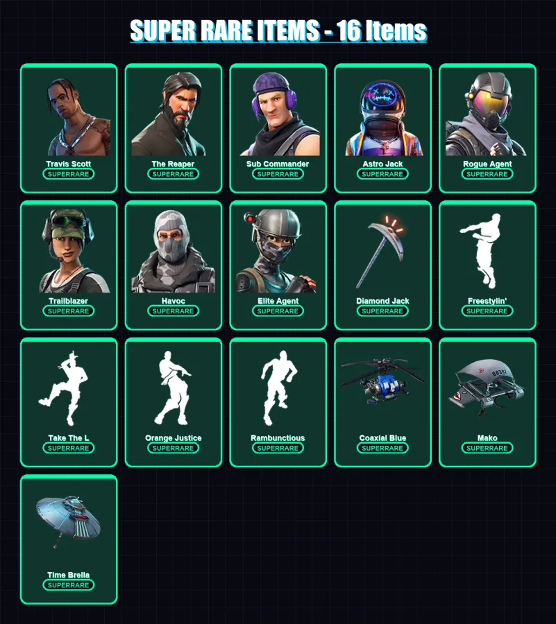 [PC] | Travis Scott | The Reaper | Sub Commander | Astro Jack | Rogue Agent | 82 skin | 66 pickaxe | 65 emote | 64 glider | Lv909