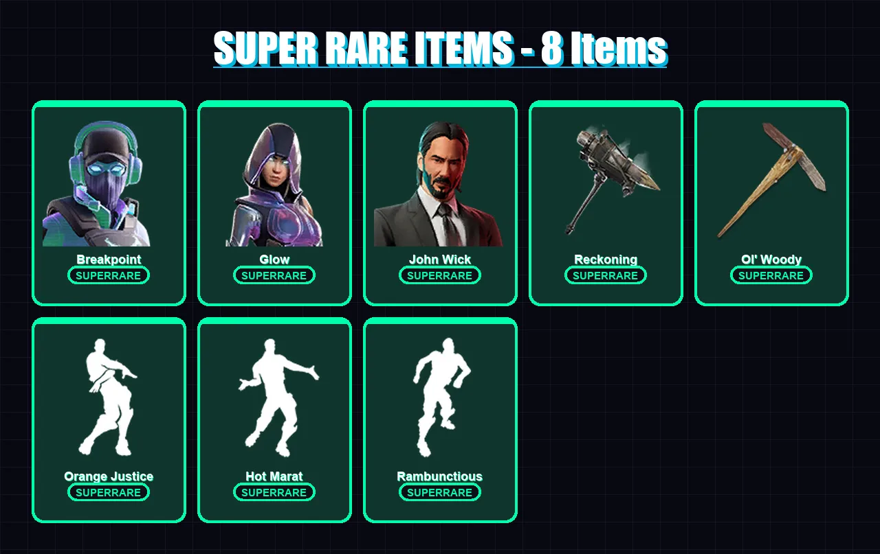 [PS4/PS5/XBOX/PC] | Breakpoint | Glow | John Wick | Zenith | Ultima Knight | 104 skin | 78 pickaxe | 85 emote | 84 glider | Lv1114