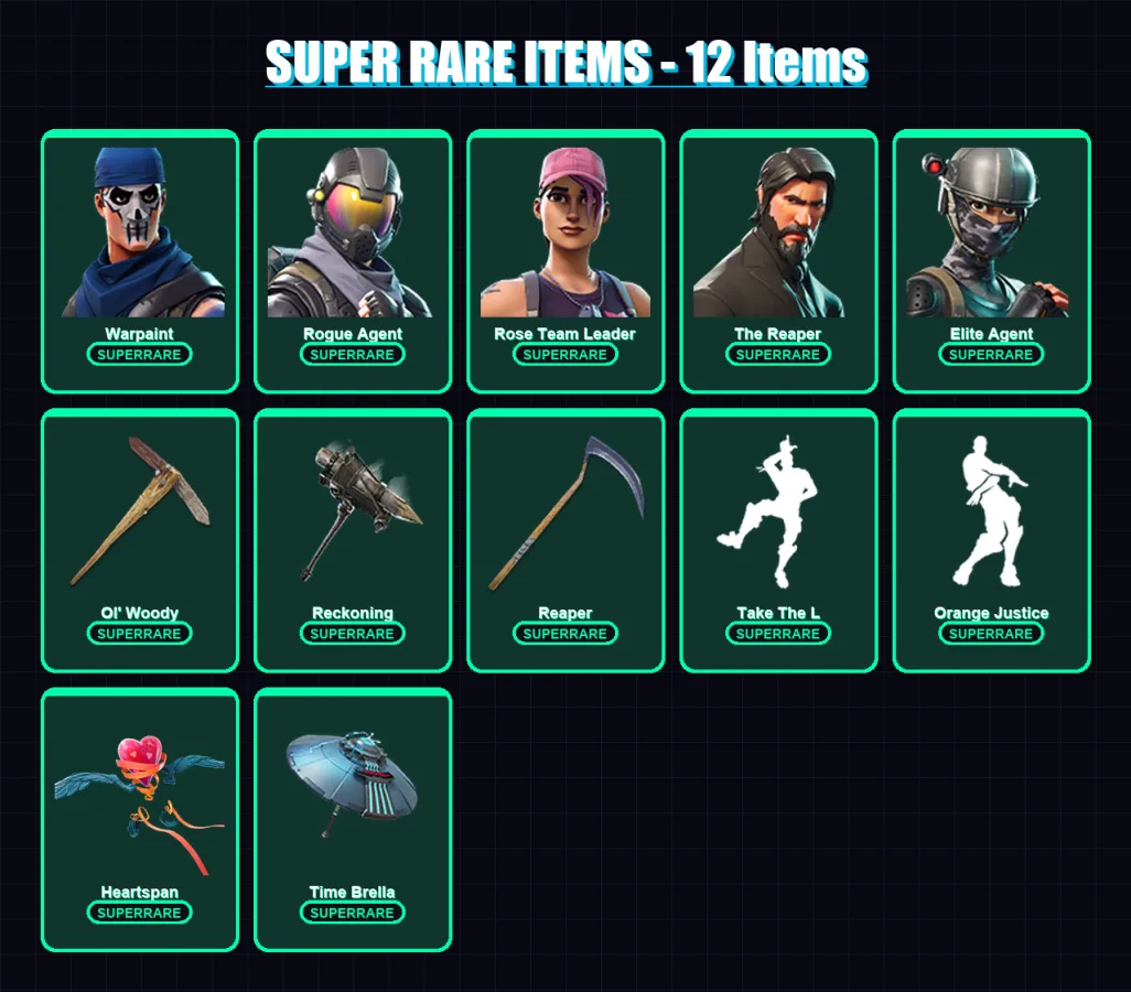 [PC/XBOX/PSN] | Warpaint | Rogue Agent | Rose Team Leader | The Reaper | Elite Agent | 94 skin | 82 pickaxe | 86 emote | 83 glider | Lv1256
