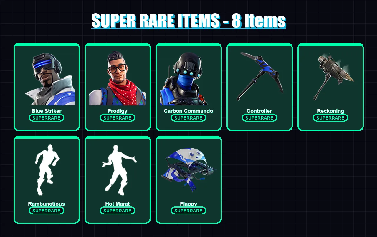 [PS4/PS5/XBOX/PC] | Blue Striker | Prodigy | Carbon Commando | Drift | Blackheart | 24 skin | 17 pickaxe | 27 emote | 21 glider | Lv266