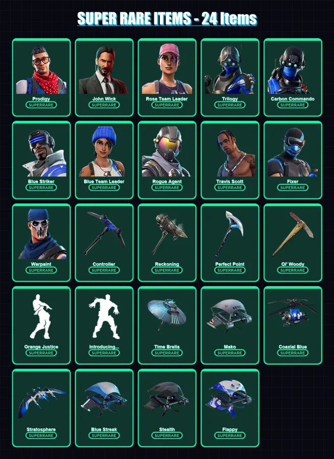 [PC/XBOX] | Prodigy | John Wick | Aerial Assault Trooper (OG) | Rose Team Leader | Trilogy | 88 skin | 91 pickaxe | 96 emote | 83 glider | Lv1328