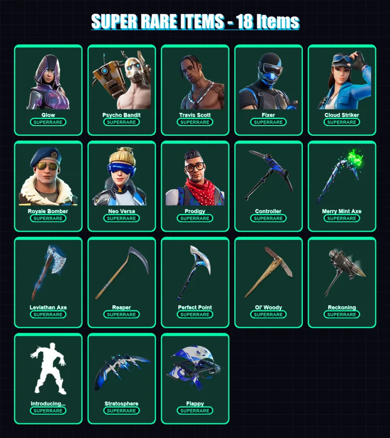 [PS4/PS5/XBOX/PC] | Glow | Psycho Bandit | Travis Scott | Fixer | Cloud Striker | 140 skin | 104 pickaxe | 109 emote | 86 glider | Lv1247