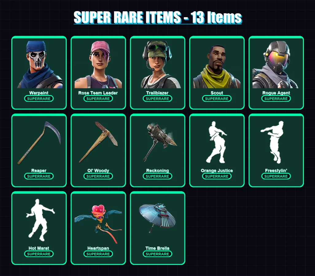 [PC/XBOX] | Warpaint | Rose Team Leader | Trailblazer | Scout | Rogue Agent | 121 skin | 118 pickaxe | 108 emote | 118 glider | Lv1651