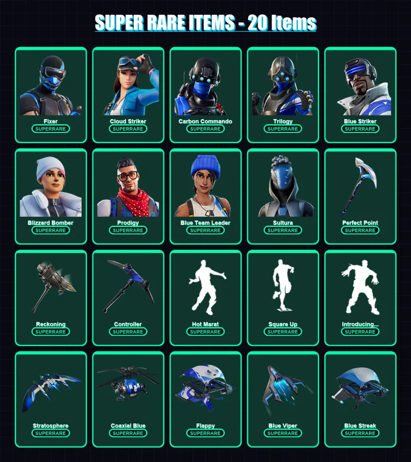 [PS4/PS5/XBOX/PC] | Fixer | Cloud Striker | Carbon Commando | Trilogy | Blue Striker | 100 skin | 130 pickaxe | 126 emote | 106 glider | Lv1397