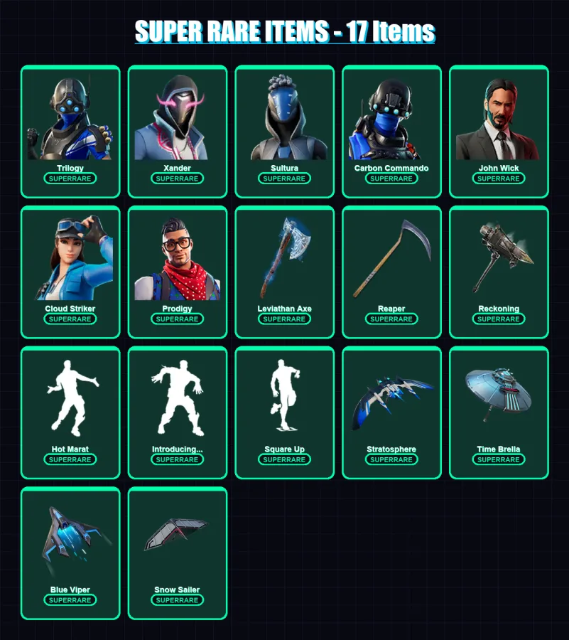 [PC] | Renegade Raider | Trilogy | Xander | Sultura | Carbon Commando | 324 skin | 259 pickaxe | 284 emote | 181 glider | Lv2146 — Fortnite account