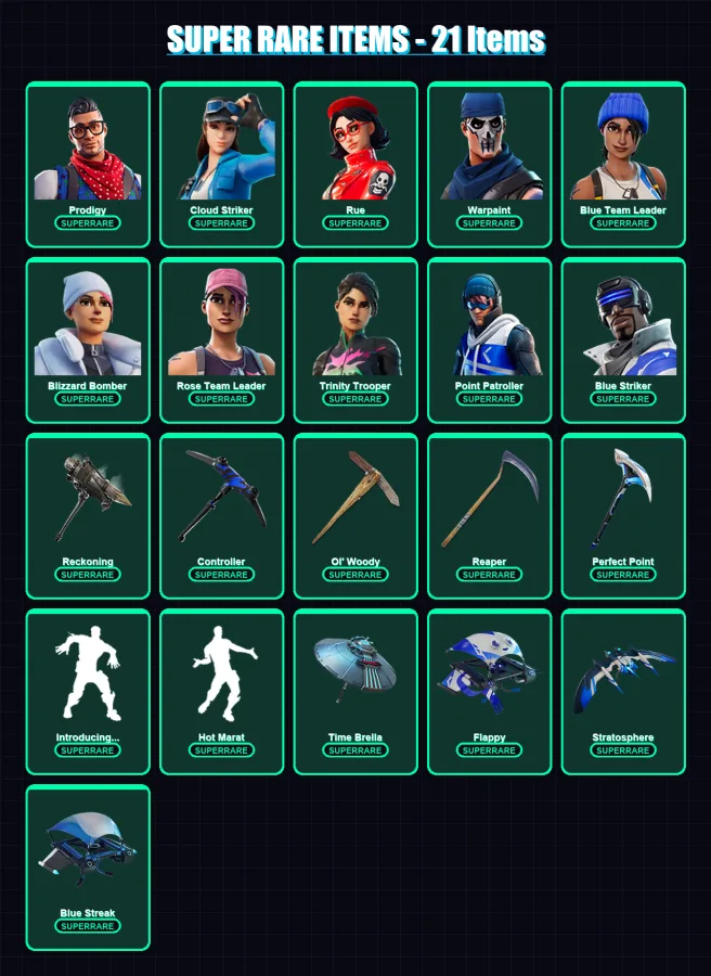 [PS4/PS5/XBOX/PC] | Prodigy | Cloud Striker | Rue | Warpaint | Blue Team Leader | 203 skin | 242 pickaxe | 186 emote | 208 glider | Lv3089