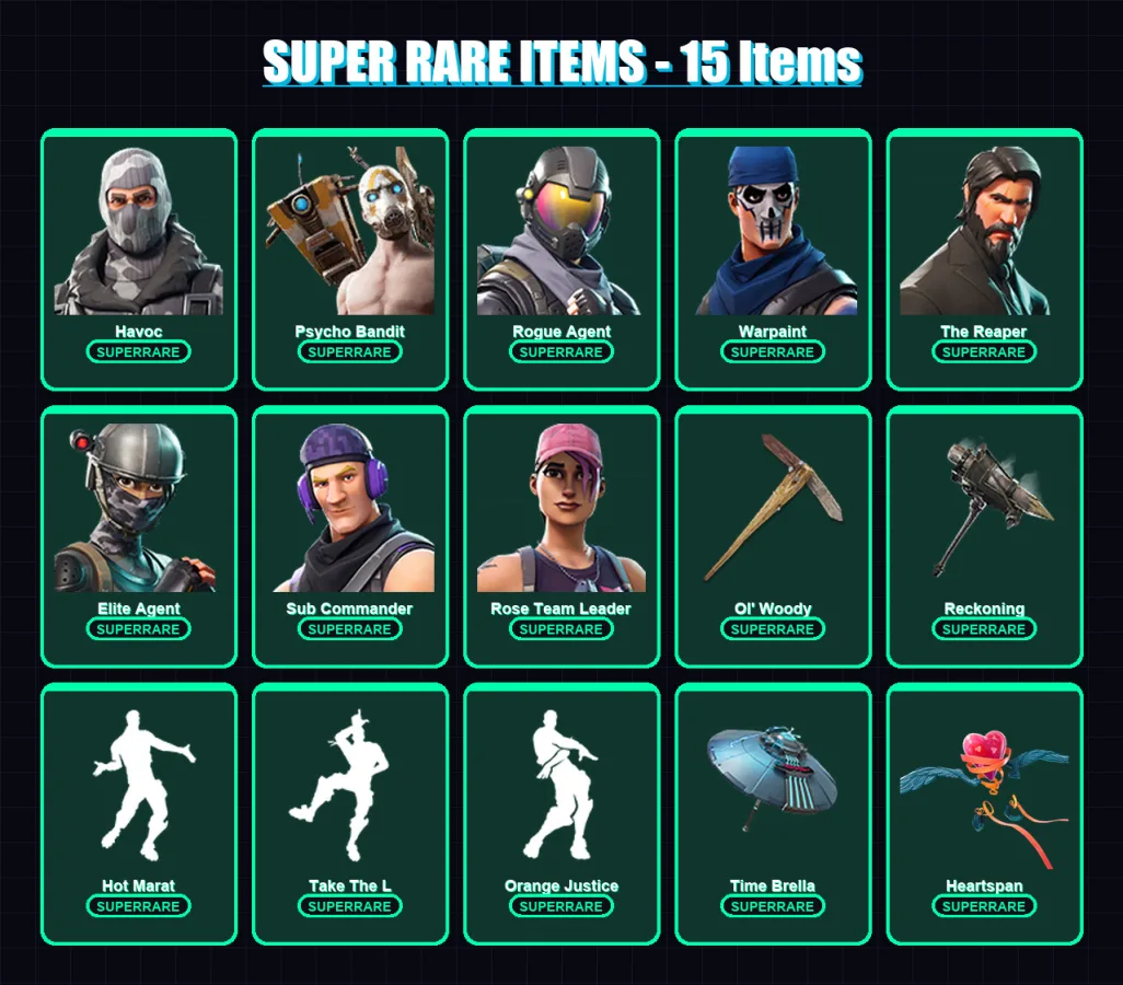 [PC/XBOX/PSN] | Havoc | Psycho Bandit | Rogue Agent | Warpaint | The Reaper | 64 skin | 32 pickaxe | 55 emote | 46 glider | Lv584