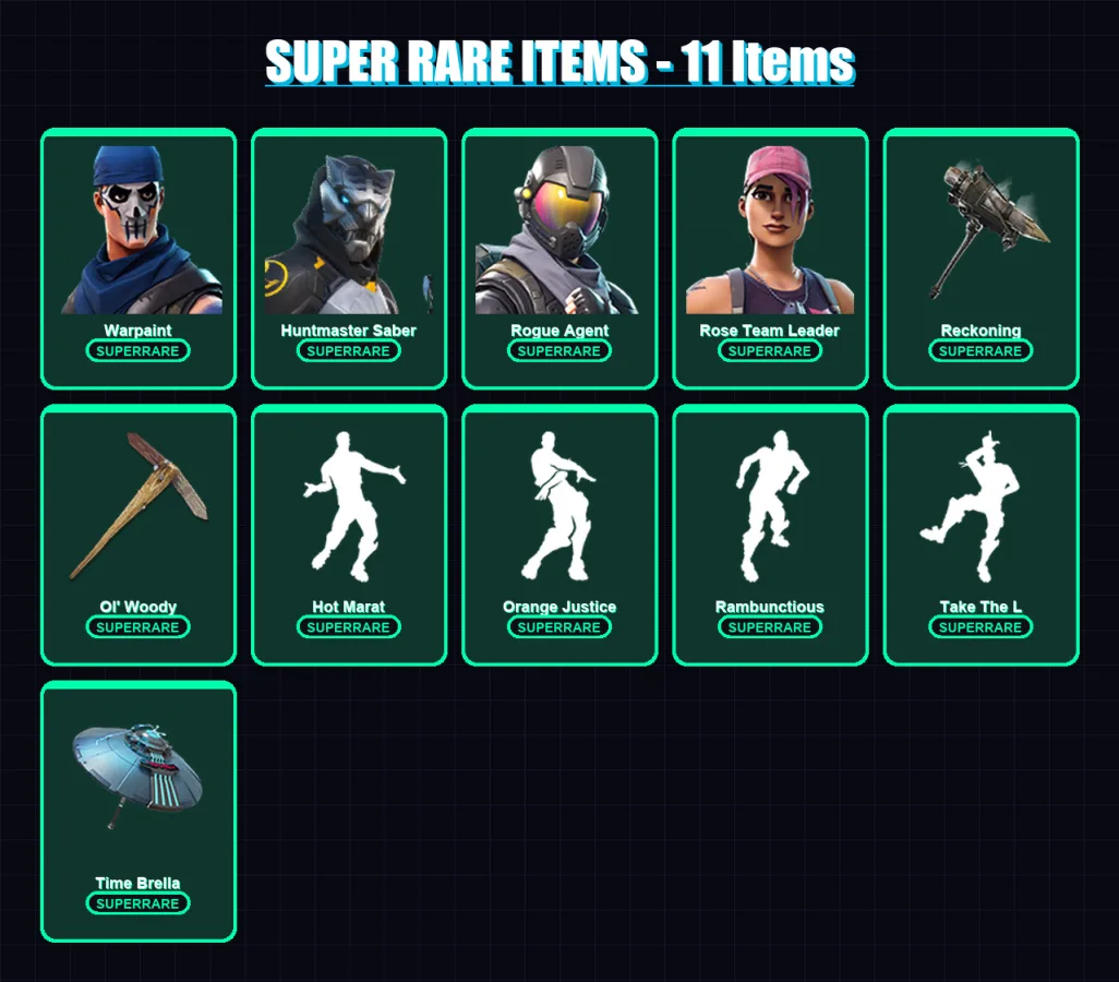 [PC/XBOX/PSN] | Warpaint | Huntmaster Saber | Rogue Agent | Rose Team Leader | Era | 96 skin | 83 pickaxe | 99 emote | 94 glider | Lv1230