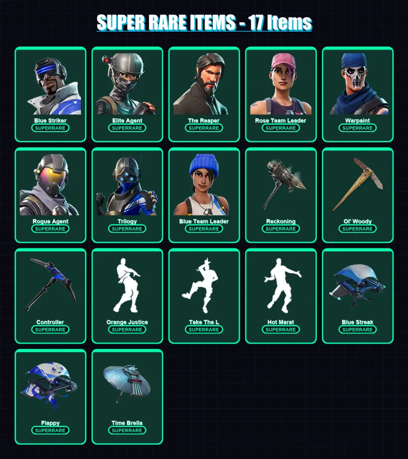 [PS4/PS5/XBOX/PC] | Blue Striker | Elite Agent | The Reaper | Rose Team Leader | Warpaint | 60 skin | 66 pickaxe | 80 emote | 82 glider | Lv1038