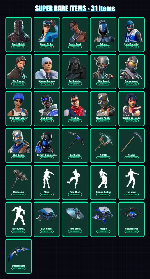 [PS4/PS5/XBOX/PC] | Black Knight | Cloud Striker | Travis Scott | Sultura | Point Patroller | 190 skin | 194 pickaxe | 168 emote | 156 glider | Lv29