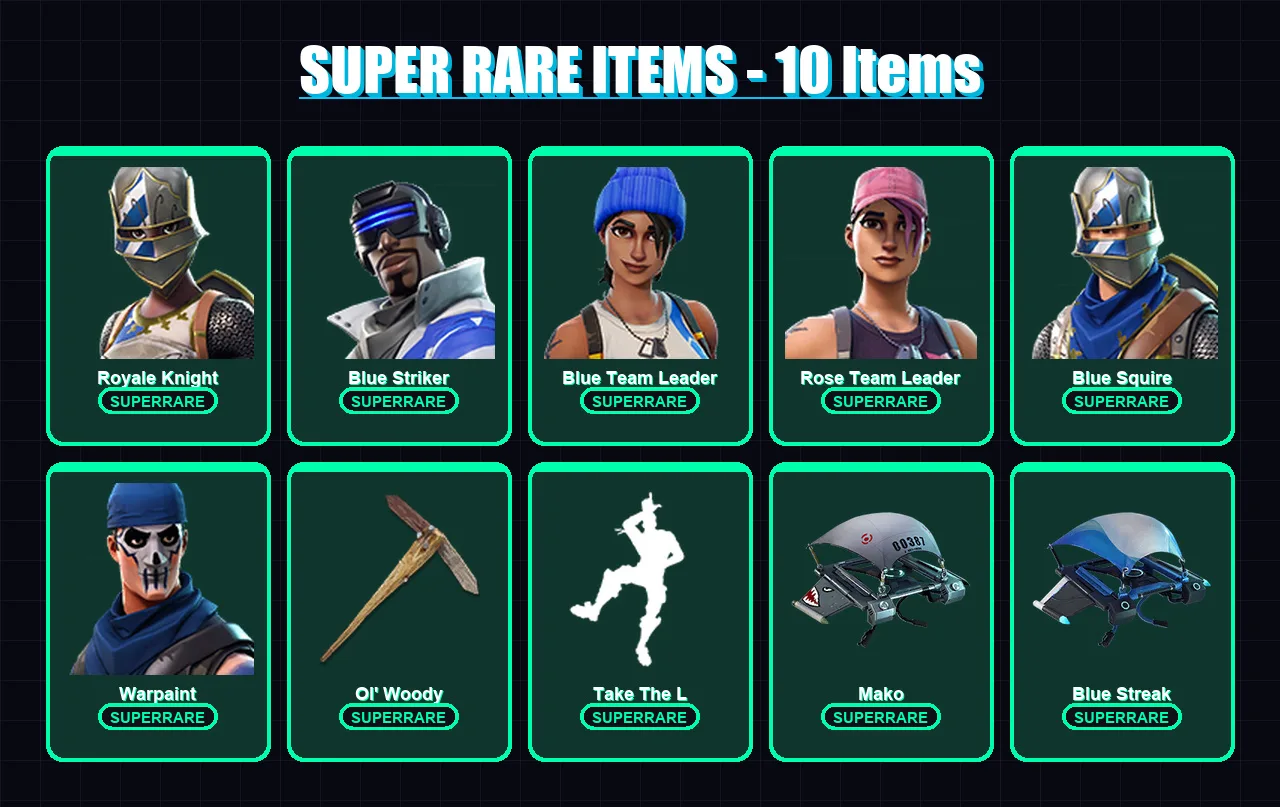 [PC/XBOX/PSN] | Royale Knight | Blue Striker | Blue Team Leader | Rose Team Leader | Blue Squire | 12 skin | 22 pickaxe | 16 emote | 20 glider | Lv2