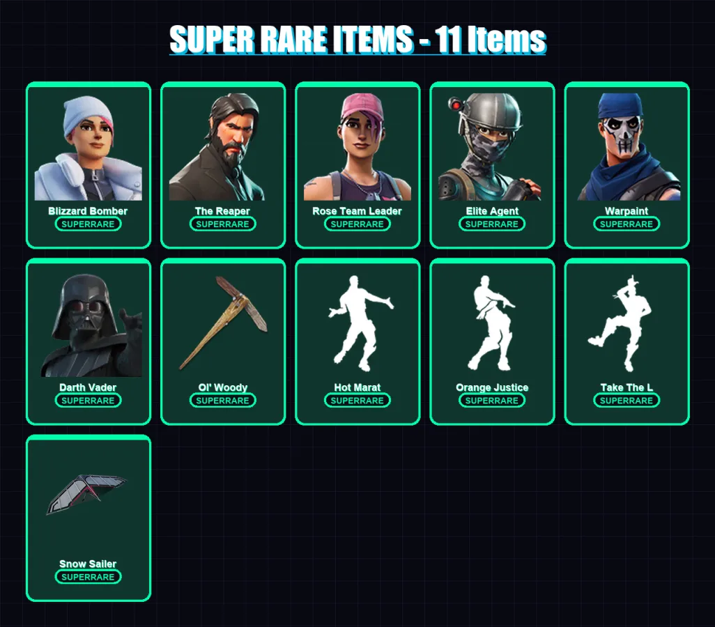 [PC] | Blizzard Bomber | The Reaper | Rose Team Leader | Elite Agent | Warpaint | 115 skin | 123 pickaxe | 107 emote | 106 glider | Lv1503