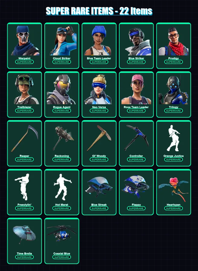 [PS4/PS5/XBOX/PC] | Warpaint | Cloud Striker | Blue Team Leader | Blue Striker | Prodigy | 53 skin | 48 pickaxe | 44 emote | 41 glider | Lv424