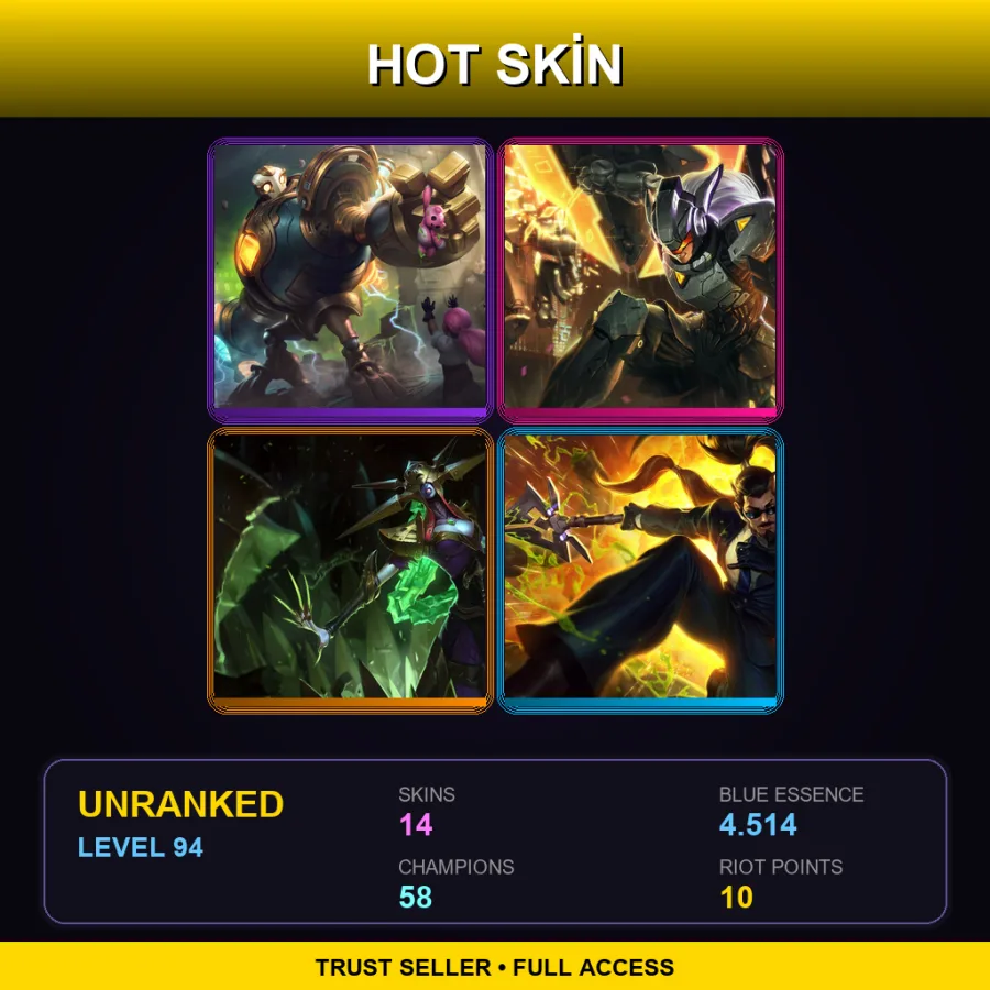 EUNE | Lv94 | Unranked | 14 Skin | 58 Champ — LoL account