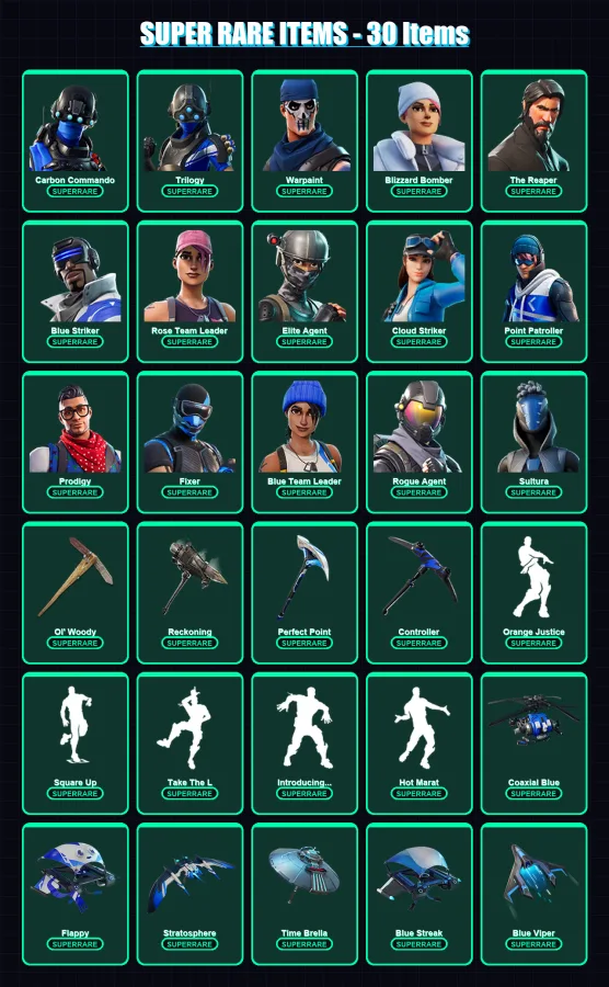 [PS4/PS5/XBOX/PC] | Carbon Commando | Trilogy | Warpaint | Blizzard Bomber | The Reaper | 116 skin | 143 pickaxe | 144 emote | 134 glider | Lv2030