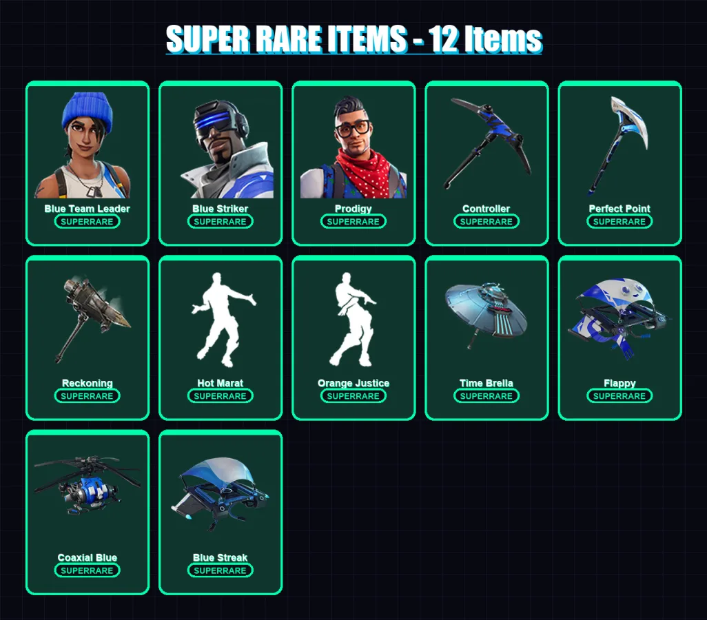 [PS4/PS5/XBOX/PC] | Blue Team Leader | Blue Striker | Prodigy | Calamity | Blackheart | 27 skin | 56 pickaxe | 60 emote | 70 glider | Lv1218