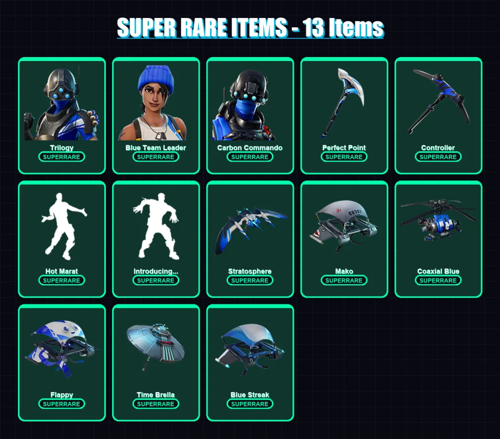[PC] | Trilogy | Blue Team Leader | Carbon Commando | Renzo the Destroyer | Zenith | 41 skin | 50 pickaxe | 44 emote | 50 glider | Lv613