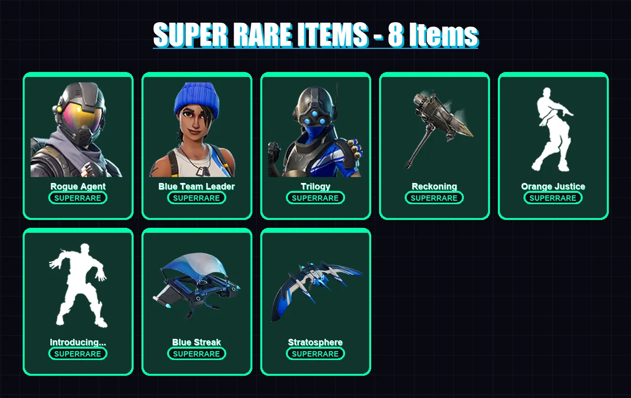 [PS4/PS5/XBOX/PC] | Rogue Agent | Blue Team Leader | Trilogy | Calamity | Fade | 53 skin | 62 pickaxe | 79 emote | 68 glider | Lv1079