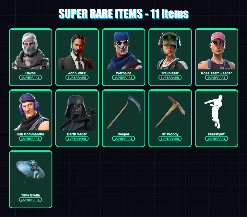 [PC] | Havoc | John Wick | Warpaint | Trailblazer | Rose Team Leader | 194 skin | 223 pickaxe | 156 emote | 135 glider | Lv1426 — Fortnite account