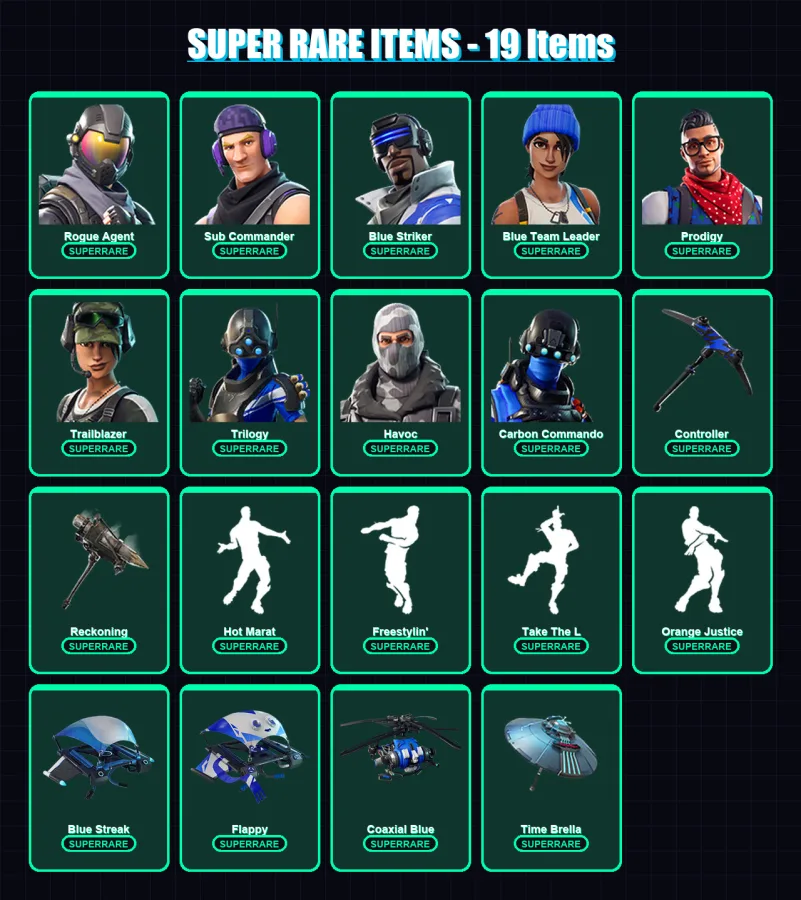 [PS4/PS5/XBOX/PC] | Rogue Agent | Sub Commander | Blue Striker | Blue Team Leader | Prodigy | 45 skin | 26 pickaxe | 36 emote | 29 glider | Lv302
