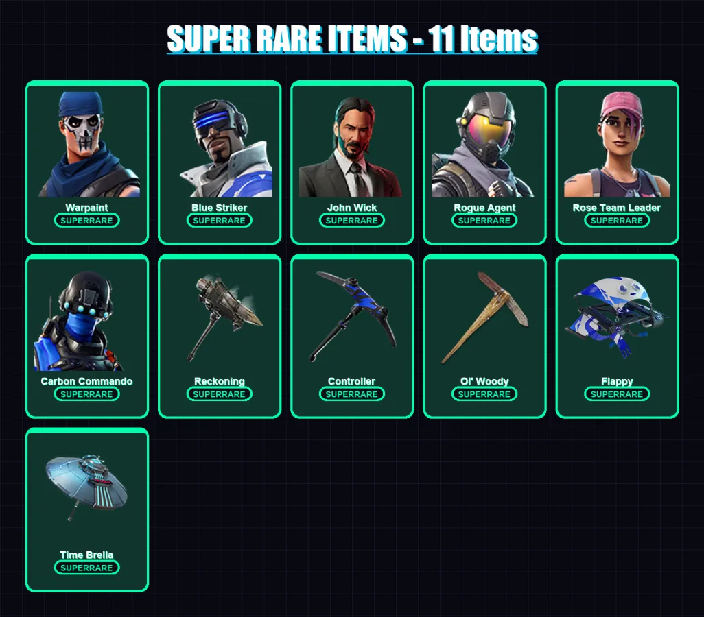 [PC] | Warpaint | Blue Striker | John Wick | Rogue Agent | Rose Team Leader | 58 skin | 59 pickaxe | 62 emote | 58 glider | Lv615 — Fortnite account