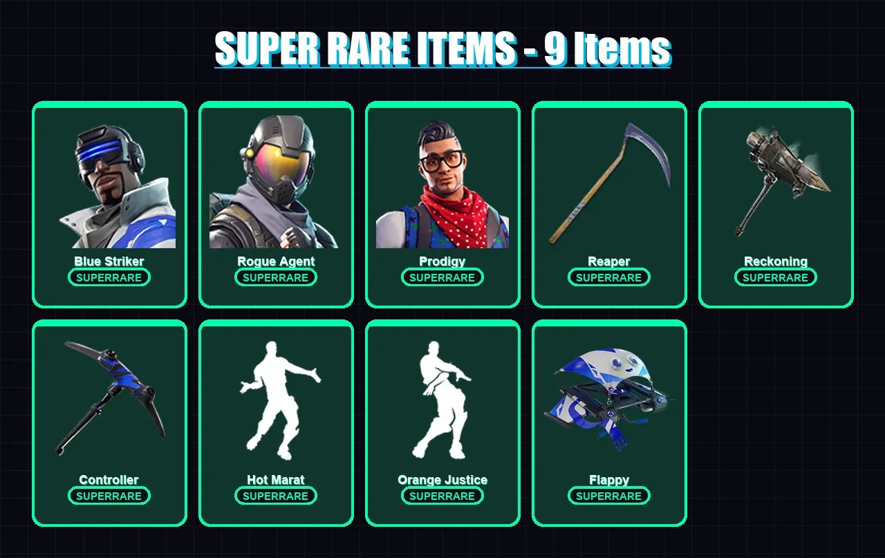 [PS4/PS5/XBOX/PC] | Blue Striker | Rogue Agent | Prodigy | Dire | Hybrid | 33 skin | 27 pickaxe | 53 emote | 36 glider | Lv595