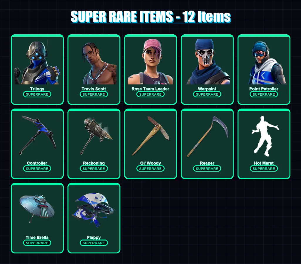 [PC/XBOX] | Trilogy | Travis Scott | Rose Team Leader | Warpaint | Point Patroller | 97 skin | 125 pickaxe | 99 emote | 118 glider | Lv1848