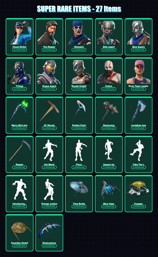[PC] | Cloud Striker | The Reaper | Warpaint | Elite Agent | Blue Squire | 298 skin | 294 pickaxe | 215 emote | 237 glider | Lv3352 — Game account