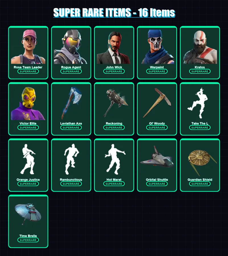 [PC/PSN] | Rose Team Leader | Rogue Agent | John Wick | Warpaint | Kratos | 232 skin | 165 pickaxe | 207 emote | 143 glider | Lv1685