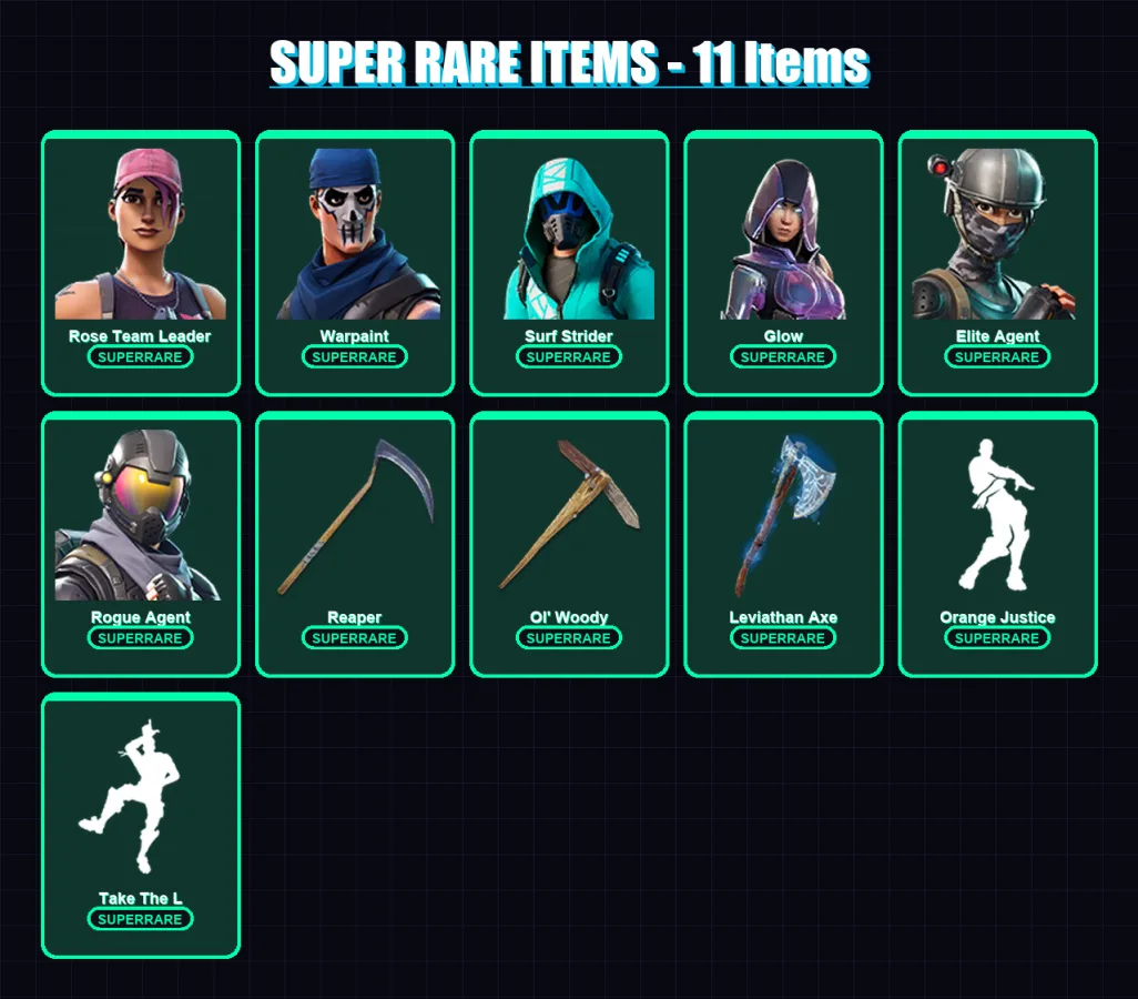 [PC/XBOX/PSN] | Rose Team Leader | Warpaint | Surf Strider | Glow | Elite Agent | 65 skin | 62 pickaxe | 65 emote | 54 glider | Lv944