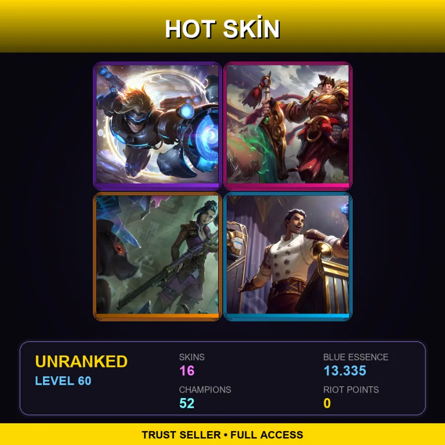 EUW | Lv60 | Unranked | 16 Skin | 52 Champ — LoL account