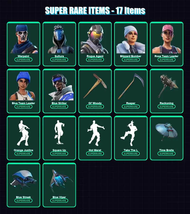 [PS4/PS5/PC] | Warpaint | Sultura | Rogue Agent | Blizzard Bomber | Rose Team Leader | 96 skin | 108 pickaxe | 104 emote | 105 glider | Lv1403