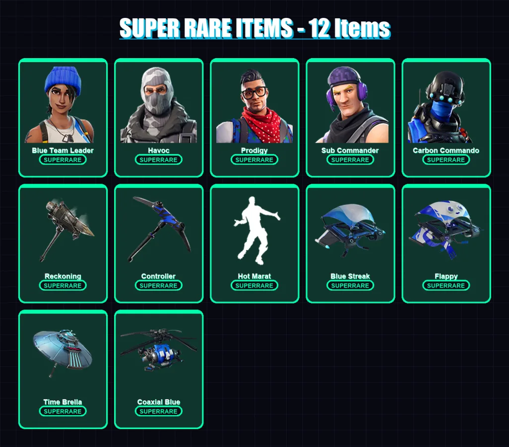 [PS4/PS5/XBOX/PC] | Blue Team Leader | Havoc | Prodigy | Sub Commander | Carbon Commando | 31 skin | 45 pickaxe | 32 emote | 41 glider | Lv623
