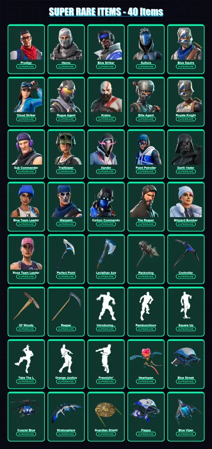 [PC] | Prodigy | Havoc | Blue Striker | Sultura | Blue Squire | 276 skin | 236 pickaxe | 161 emote | 138 glider | Lv1248