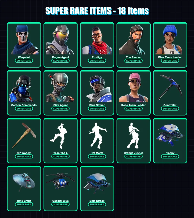 [PC/XBOX] | Warpaint | Rogue Agent | Prodigy | The Reaper | Blue Team Leader | 25 skin | 42 pickaxe | 56 emote | 52 glider | Lv674