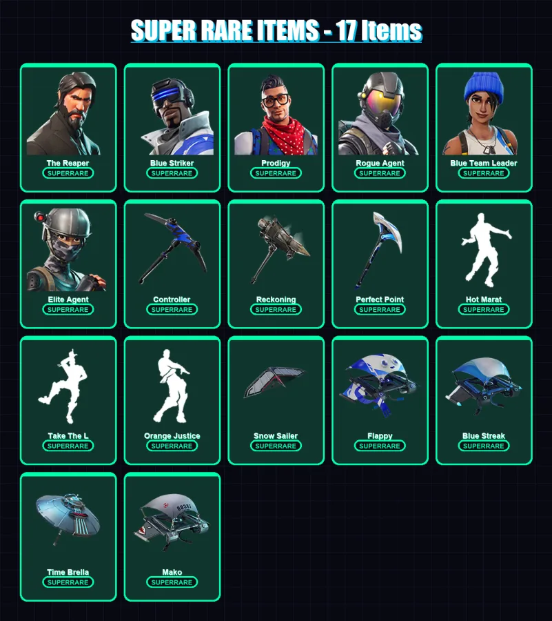 [PC] | The Reaper | Blue Striker | Prodigy | Rogue Agent | Blue Team Leader | 98 skin | 108 pickaxe | 92 emote | 112 glider | Lv1485