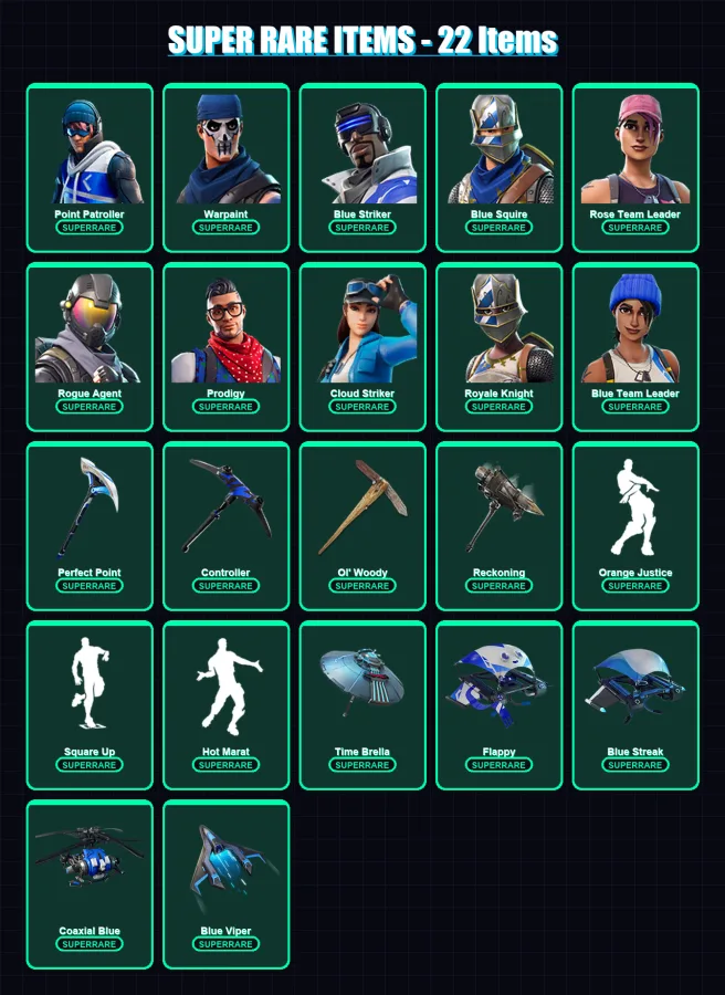 [PS4/PS5/XBOX/PC] | Point Patroller | Warpaint | Blue Striker | Blue Squire | Rose Team Leader | 71 skin | 58 pickaxe | 67 emote | 70 glider | Lv939 — Fortnite account
