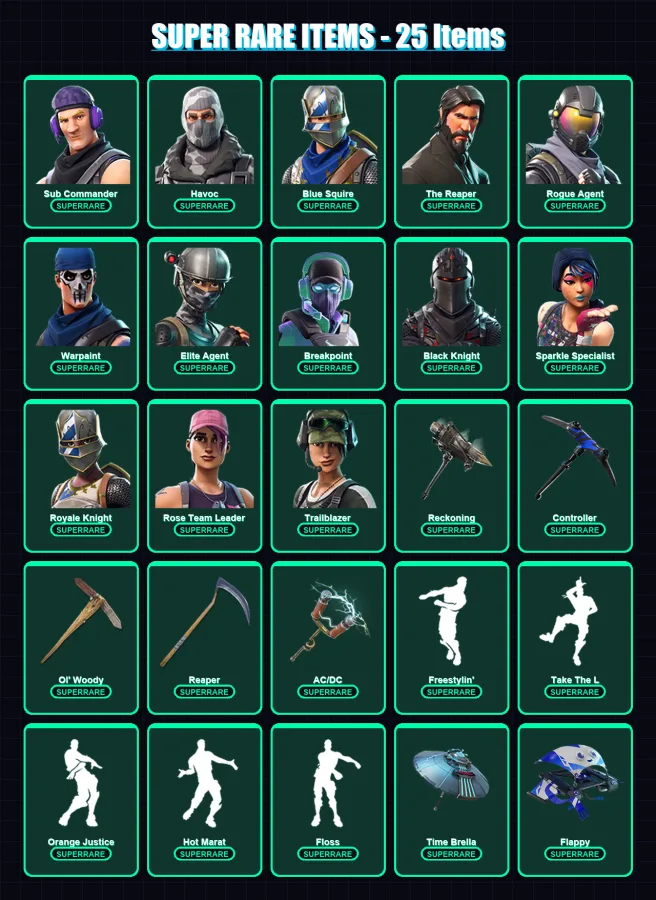 [PC] | Sub Commander | Havoc | Blue Squire | The Reaper | Rogue Agent | 113 skin | 97 pickaxe | 98 emote | 94 glider | Lv1079