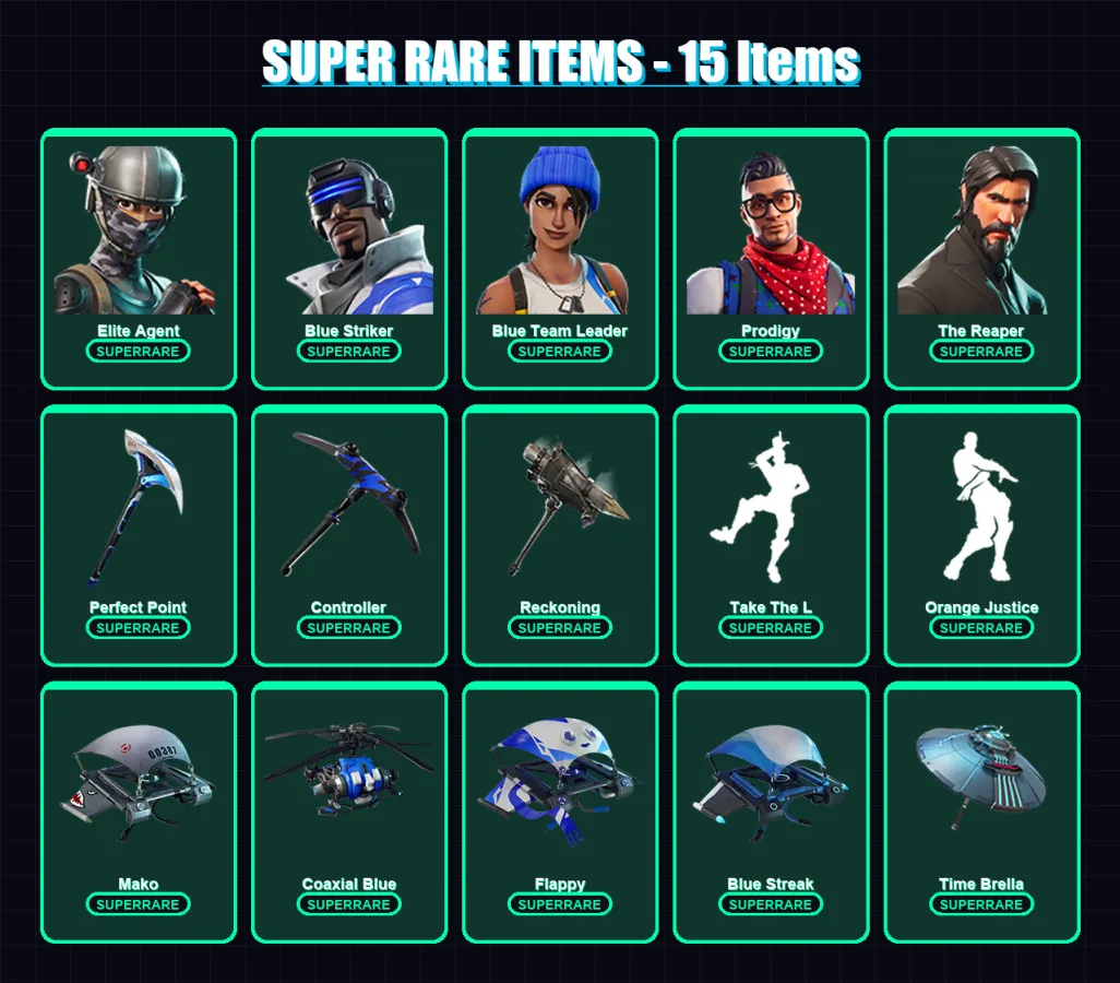 [PS4/PS5/XBOX/PC] | Elite Agent | Blue Striker | Blue Team Leader | Prodigy | The Reaper | 41 skin | 45 pickaxe | 57 emote | 55 glider | Lv944