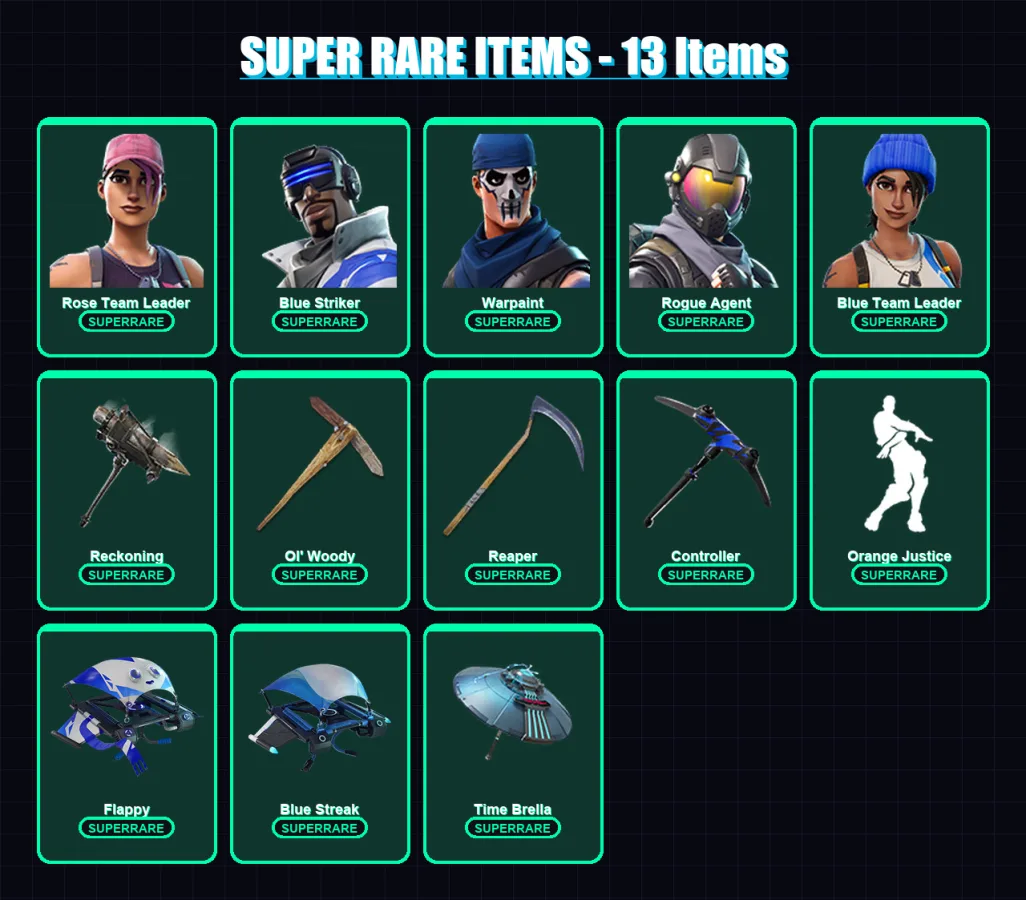 [PC/XBOX/PSN] | Rose Team Leader | Blue Striker | Warpaint | Rogue Agent | Blue Team Leader | 28 skin | 25 pickaxe | 25 emote | 32 glider | Lv357